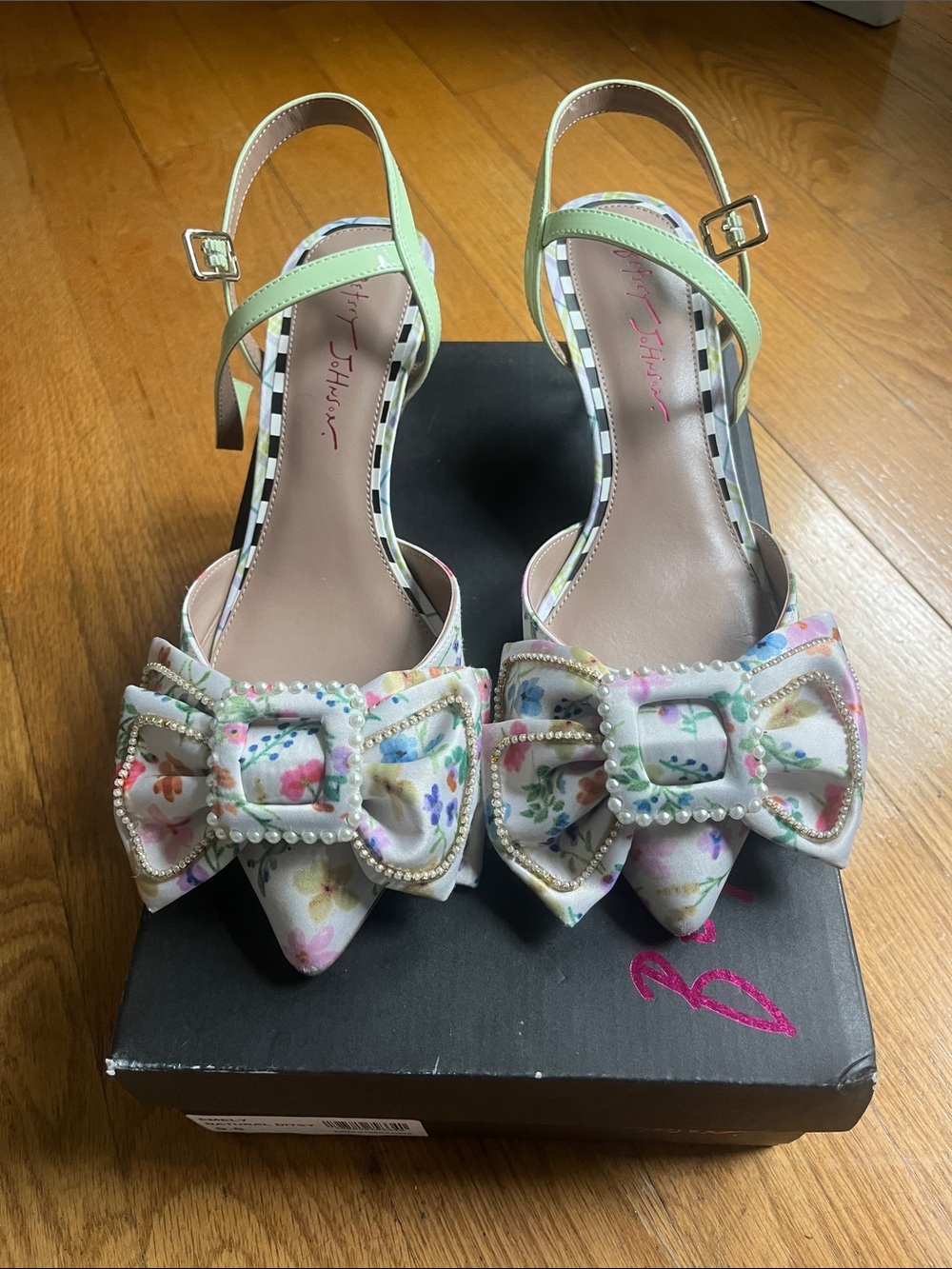 Betsey Johnson Pastel Floral Pointed-Toe Slingback Heels with Bow